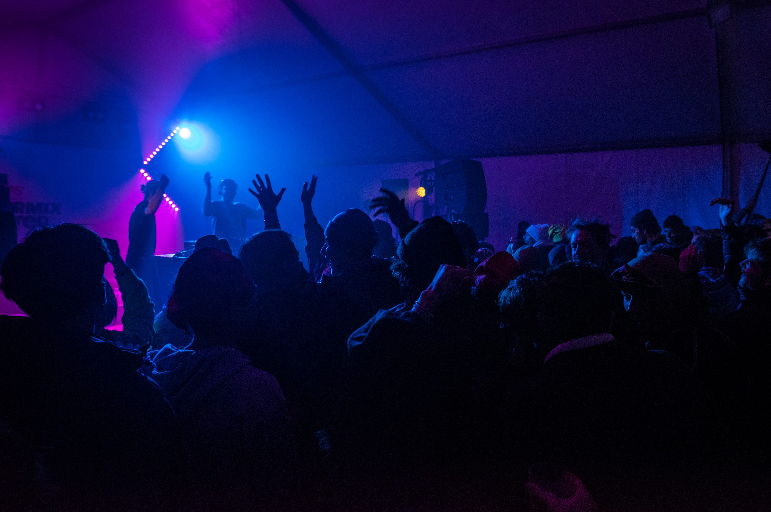 Festivaliers bras levés sous les lumières d’un concert